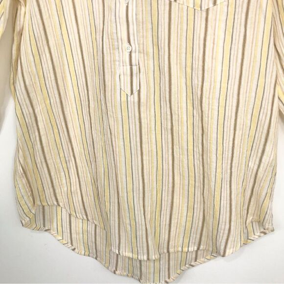 Lucky Brand Cream Brown Pinstripe Cotton Half Button Roll Sleeve Tunic Blouse - Picture 4 of 14